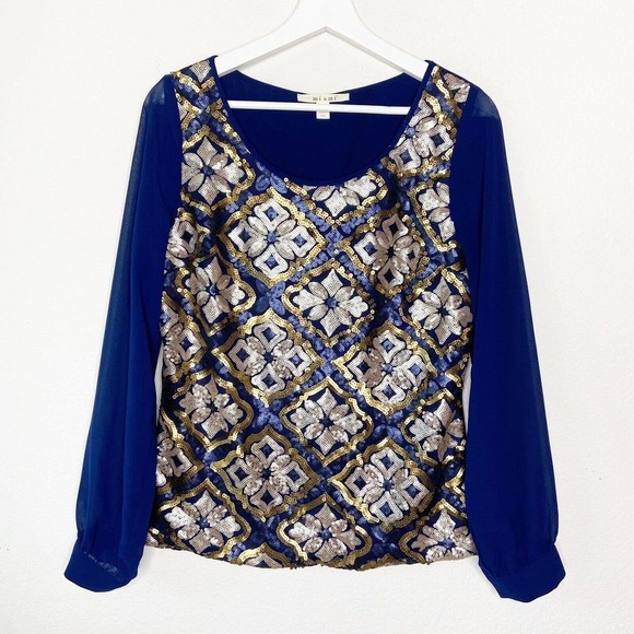 Miami Navy Gold Sequin Button Back Blouse Sz M - Picture 1 of 10